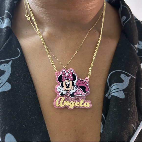 Minnie Mouse Pink and Gold Necklace (Angela name plate) - Picture 1 of 6